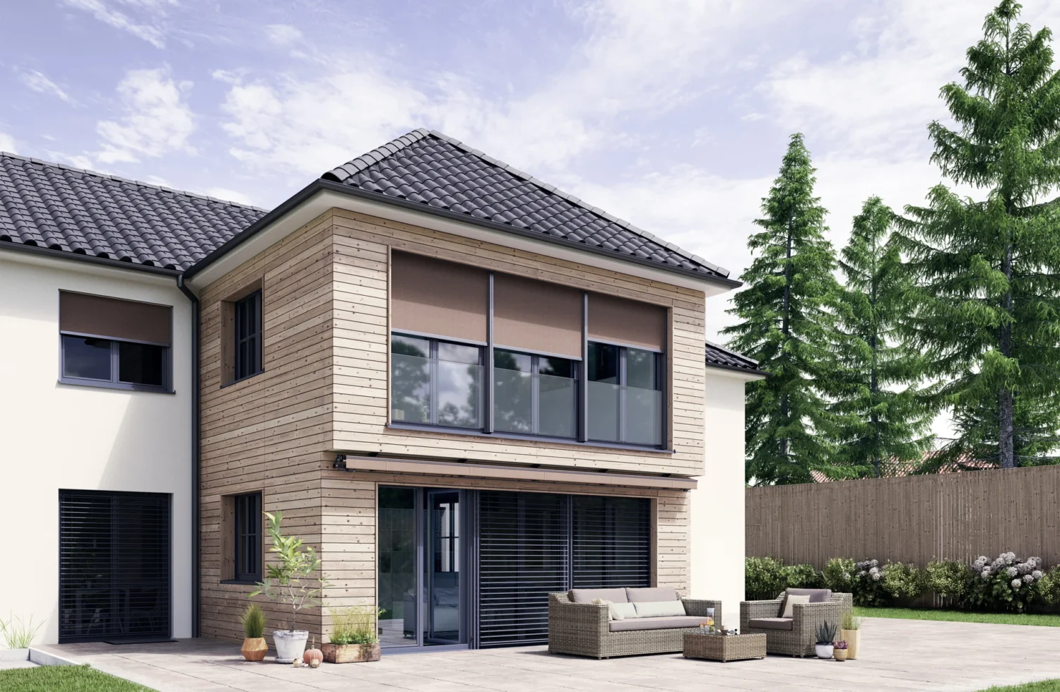 Modernes Holzhaus mit großer Terrasse und Gartenmöbeln