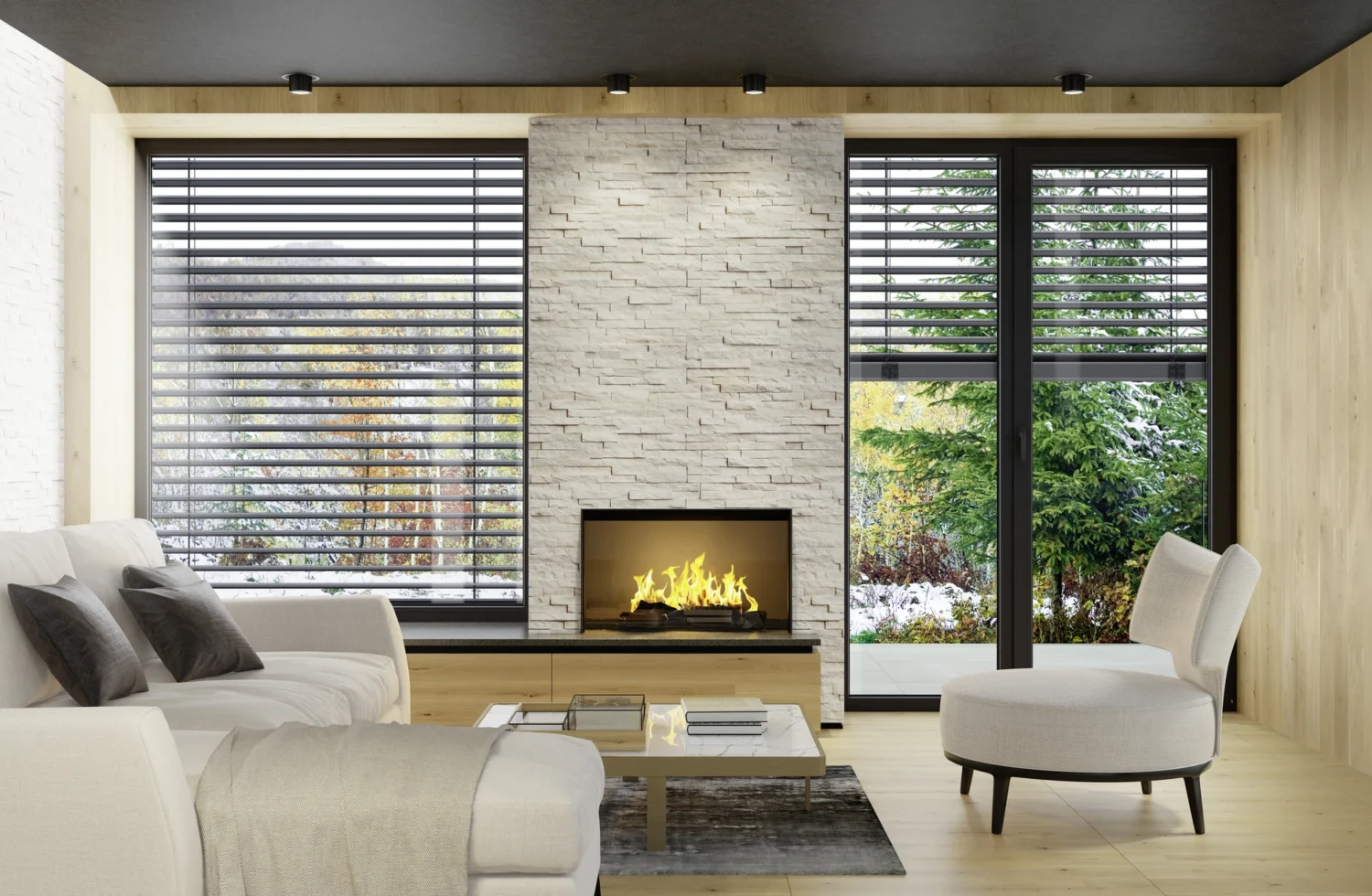 Modernes Wohnzimmer mit Kamin und großen Fenstern für eine gemütliche Atmosphäre